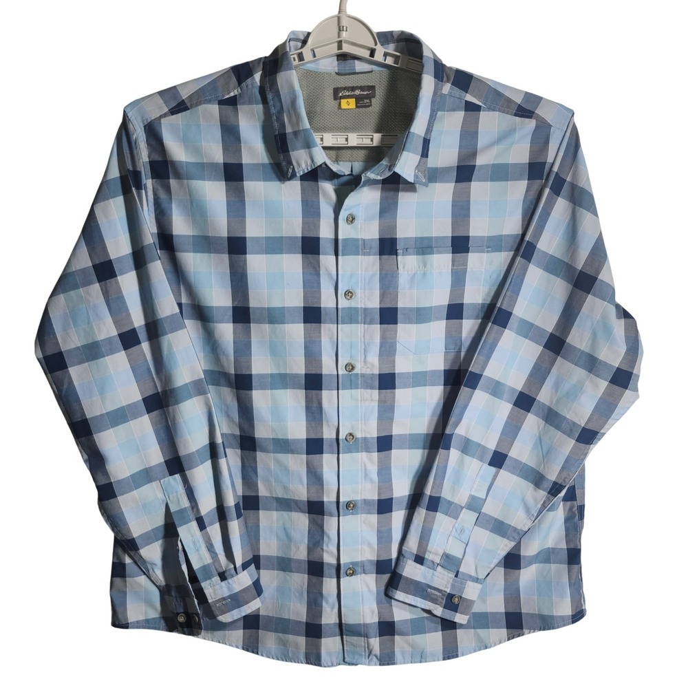 Eddie Bauer Mens 2X Button Down Travex Shirt Classic Fit Plaid Blue Cotton Blend